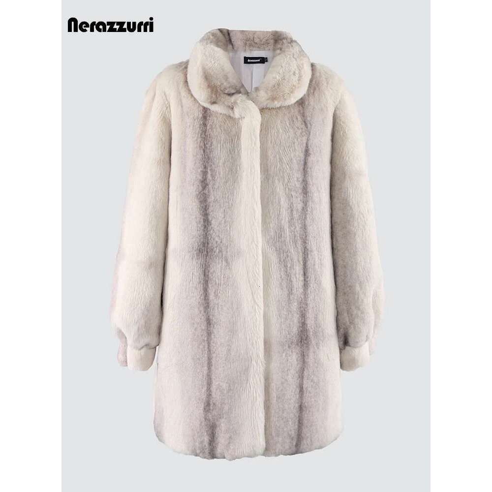 Nerazzurri Winter Colorful Thick Warm Gradient Faux Fur Coat Women Long Sleeve Loose Stylish Elegant Fluffy Jacket 2023