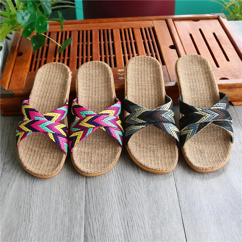 Linen slippers for women in summer indoor couple home anti slip thick soled home cool slippers for men in summer 250519