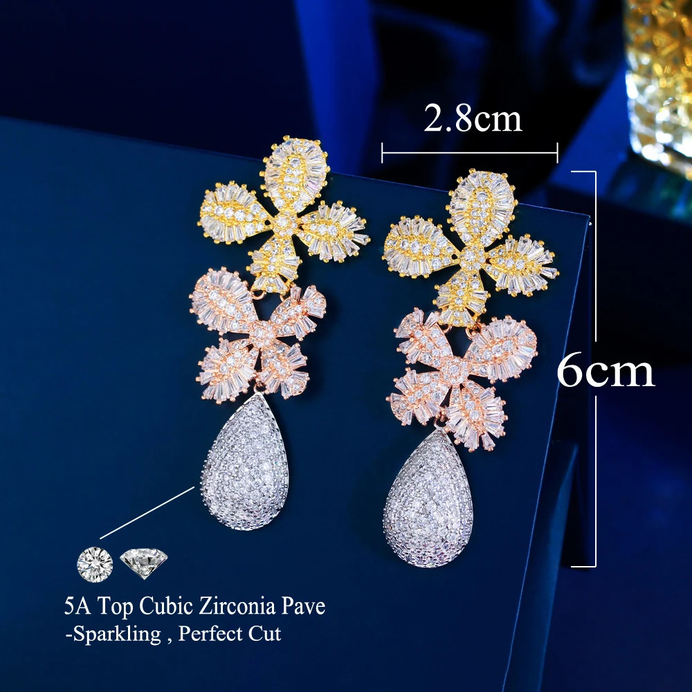 CWWZircons Stylish 3 Tone Long Leaf Drop Earrings for Women Shiny Cubic Zirconia Micro Pave Bridal Statement Party Jewelry E0557 250517