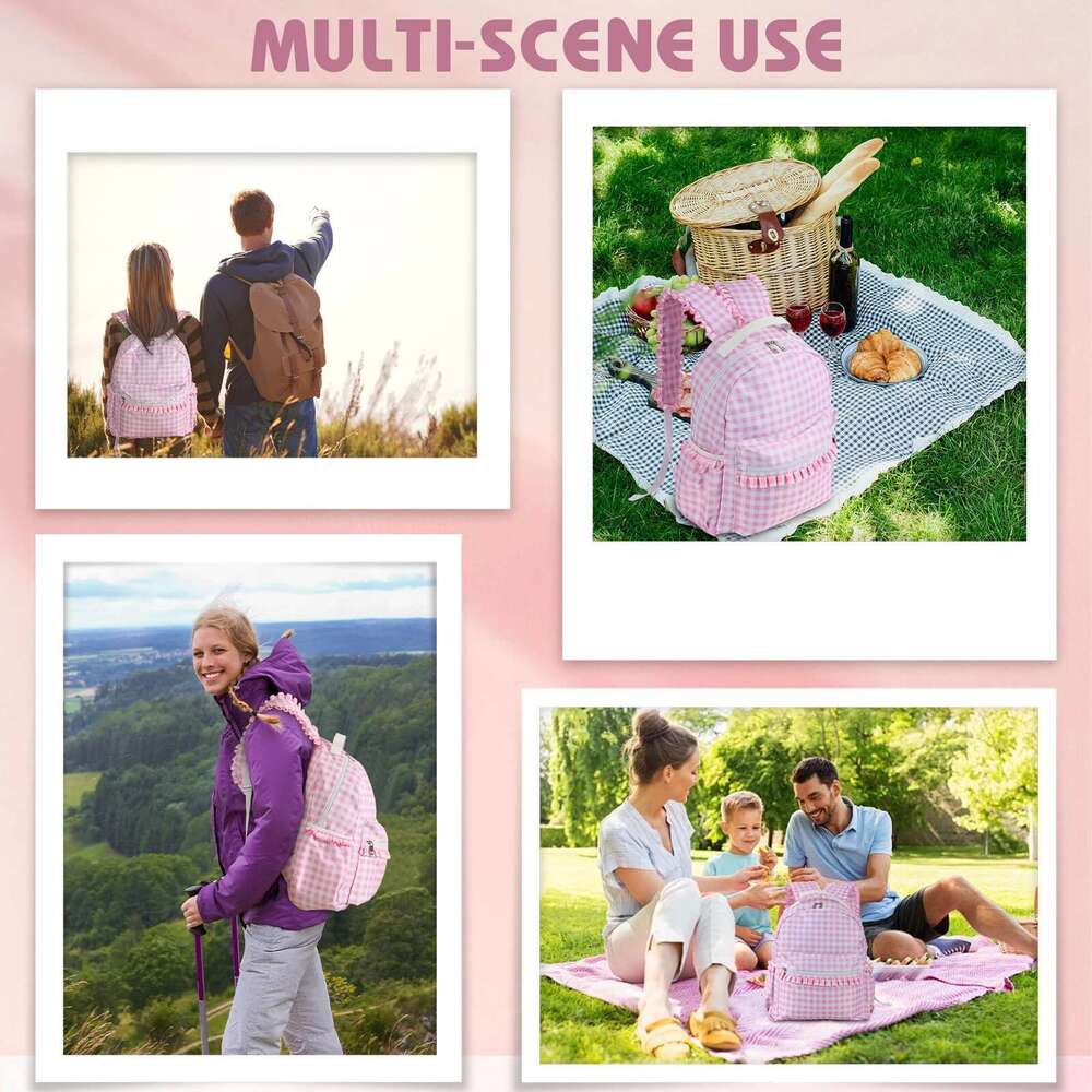 Ruffle Plaid Backpack Girl Pink/Blue Nylon Women Outdoor Travel Weekend Book Schoolbags Back To School Gifts For Kids