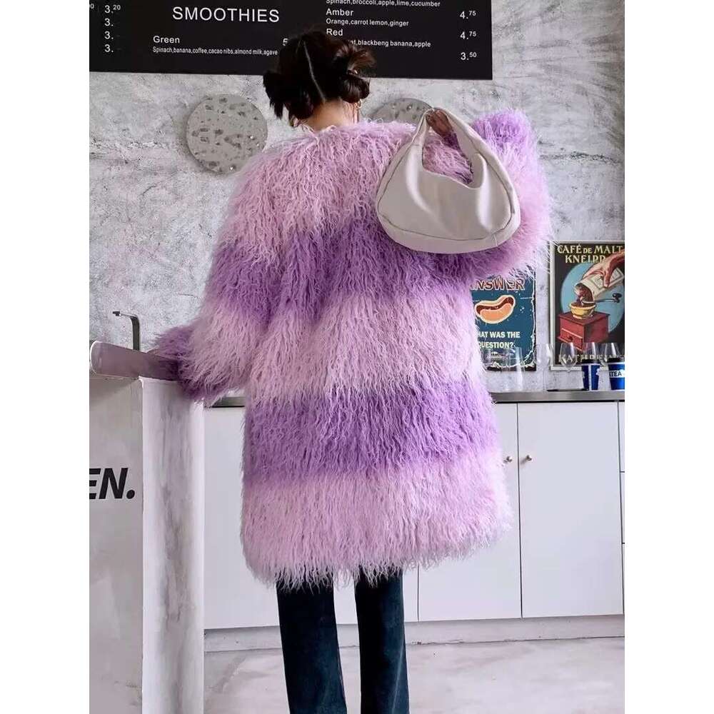 ZADORIN 2025 Fluffy Faux Sheep Coat Women Contrast Color V Neck Long Winter Jackets Woman Clothes Warm Fur Coats
