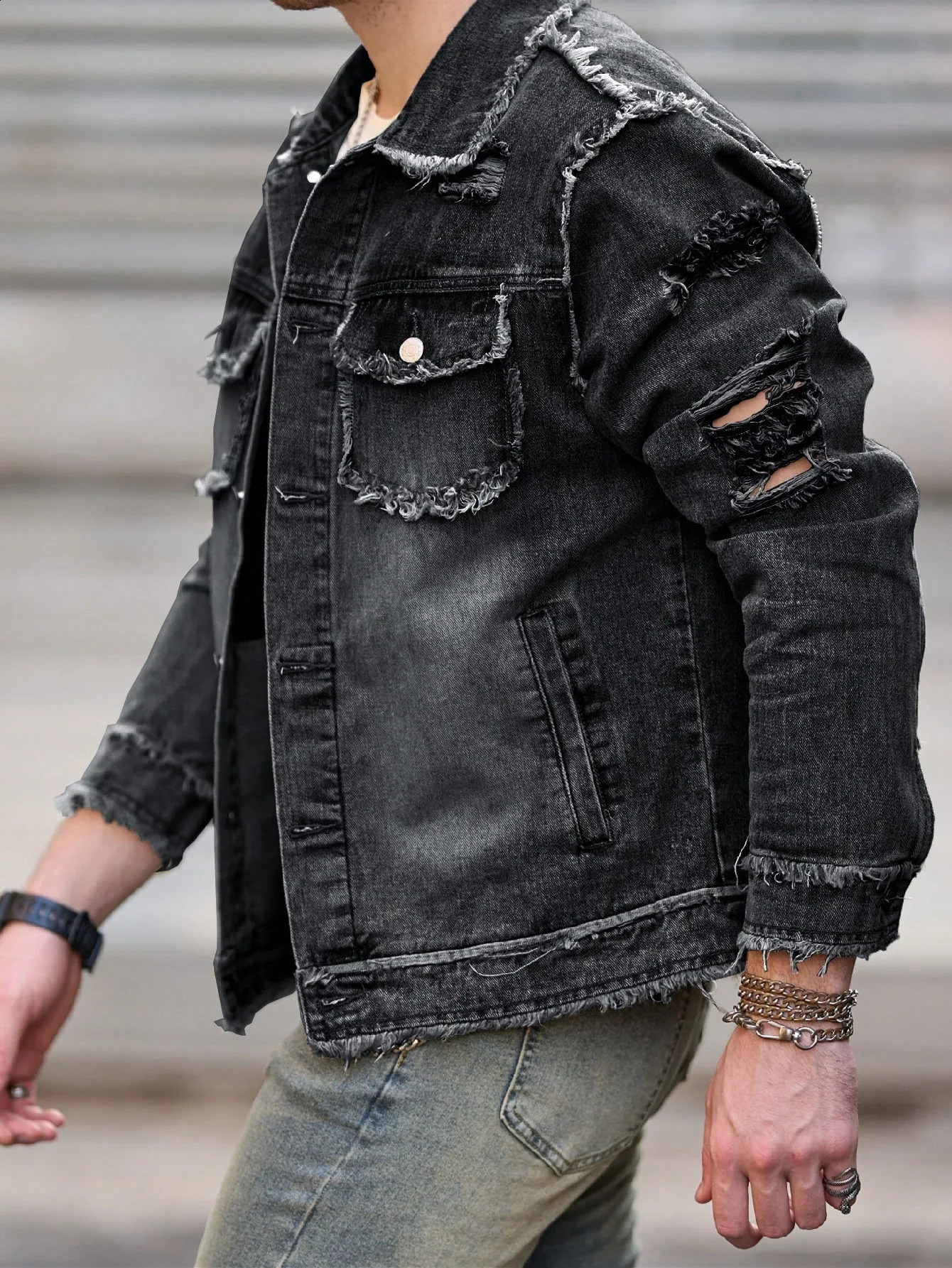1pc Mens U2K Retro Ripped Raw Edge Hole Casual Denim Jacket Simple American n Suitable for Daily Wear Flight 250516