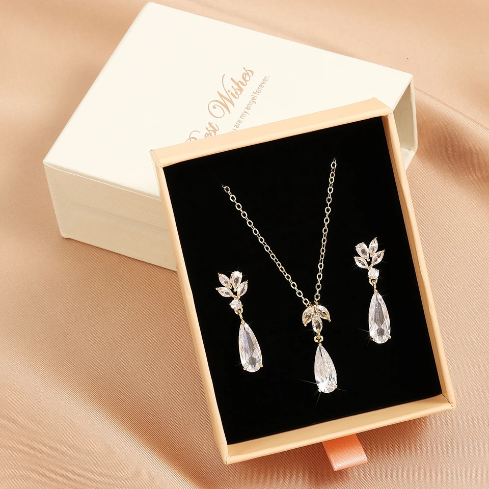 ZAKOL Shiny Teardrop Zircon Dangle Earring Necklaces for Women Elegant Shining Crystal CZ Wedding Jewelry Set With Gift Box 250520