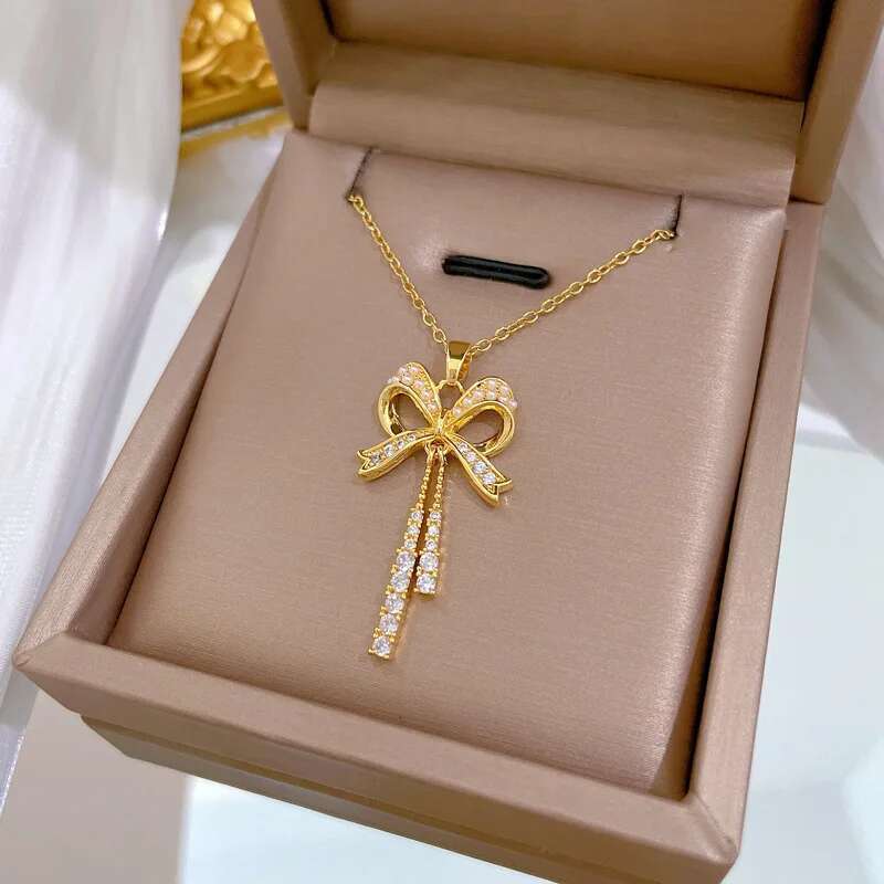 Exquisite And Fashionable Hollow Pearl Bow Tassel Necklace Earrings Set Classic Personality Girls Stainless Steel Jewelry Gift