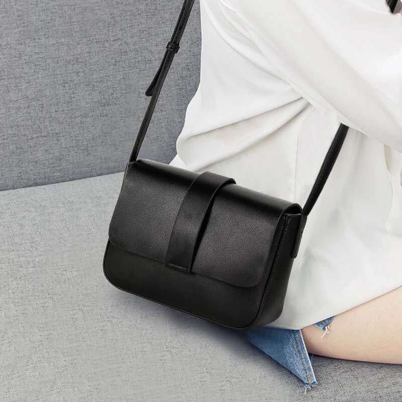 Simple Small Square Leather Women's Cross-Body Top Cowhide Solid Color Shoulder Bag, Messenger Bag