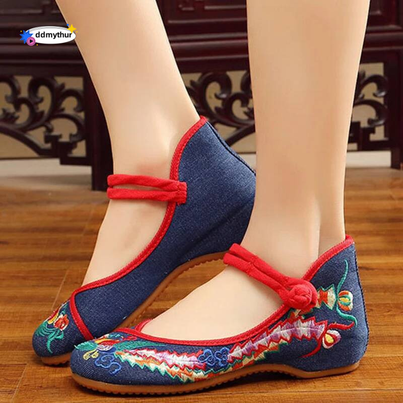 Phoenix Flower Embroidered Women Canvas Ballet Flats Ankle Strap Ladies Casual Cotton Chinese Embroidery Ballerina Shoes ddmythur
