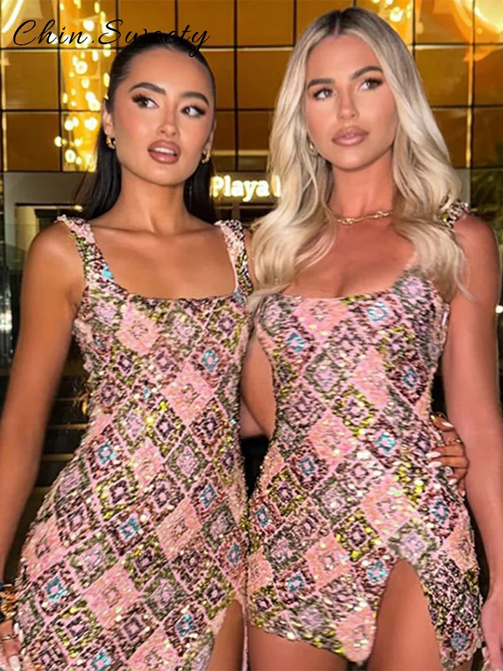 Sexy Sequined Sling Short Summer Dress Women Shiny Square Collar Sleeveless Slim Straight Dresses Lady Chic Party Robes 250517