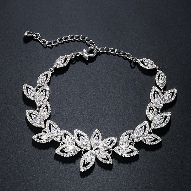 ZAKOL Shiny Buling Micropaved Zirconia Leaf Long Earrings Chain Bracelet Charm Wedding Jewelry Set For Women 250520