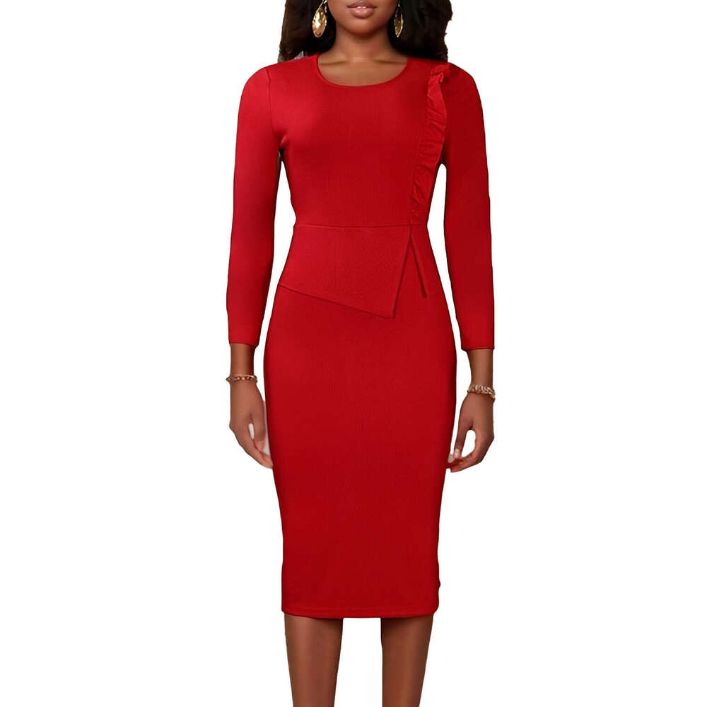 Women's Wear Large Women's Wear Spring Wood Ear Solid Round Neck Wrap Hip Office OL Commuter Dress