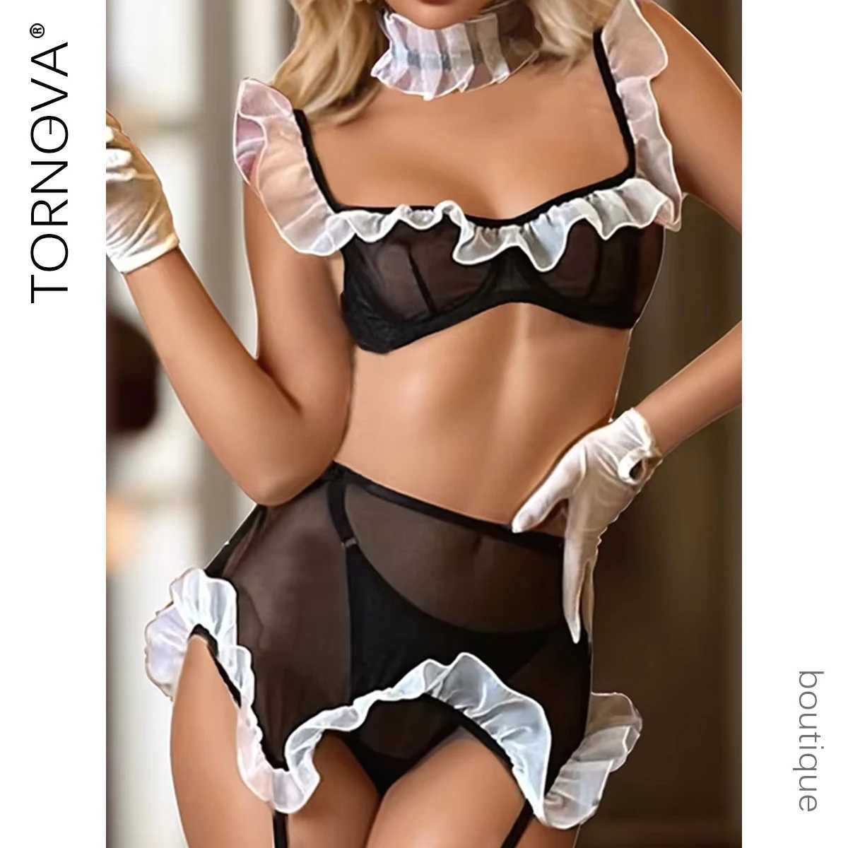 Sexy Lingerie Suit Mesh Splicing Role-playing Sexy Lingerie Set for Women Frill Contrast Color Underwear Set New R250520