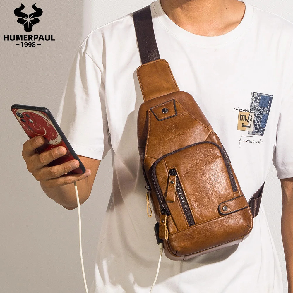 HUMERPAUL Mens Usb Chest Bag 100% Genuine Leather Crossbody Shoulder Bags Multifunction Travel Outdoor Messenger Pack Fashion 250519