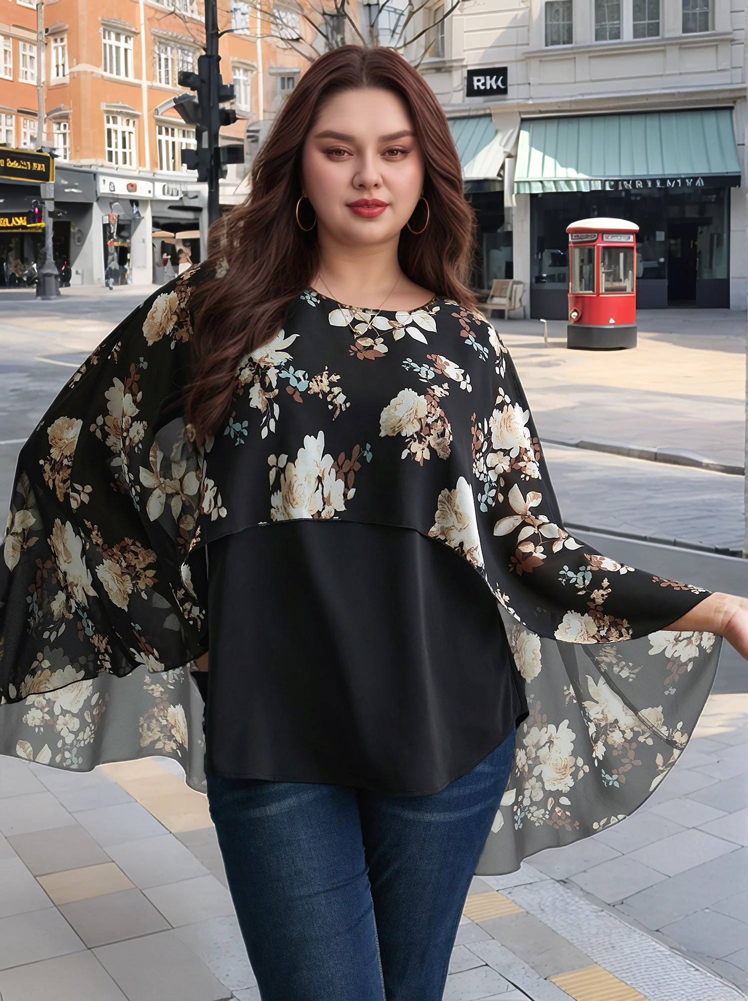 PlusSize Womens Solid Layered Cape Sleeve Printed Top Versatile Round Neck TShirt Suitable for Summer Casual We 250514