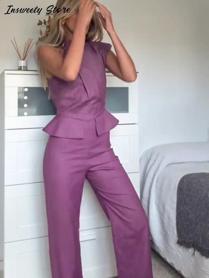Fashion Halter Jumpsuits Womens Solid Slim Sleeveless Pleated Straight Jumpsuit 2025 Spring Summer Elegant Female Outwear 250519