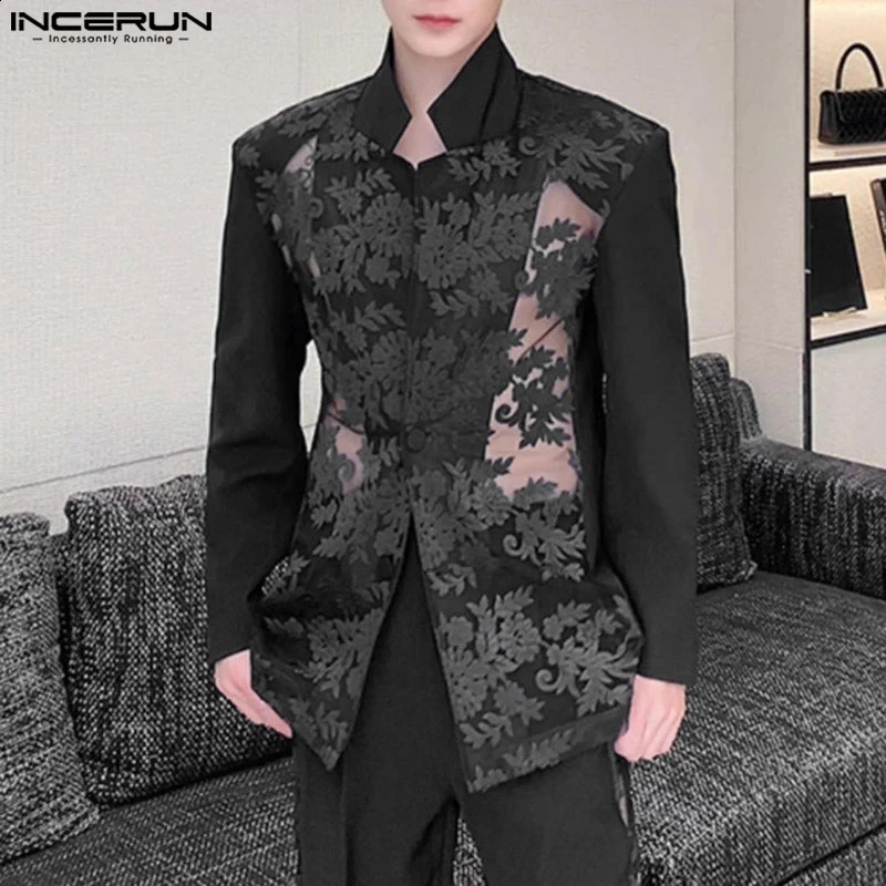INCERUN Men Blazer Mesh Patchwork Lace Transparent Lapel Long Sleeve Casual Suits Men Streetwear One Button Fashion Coats 250519