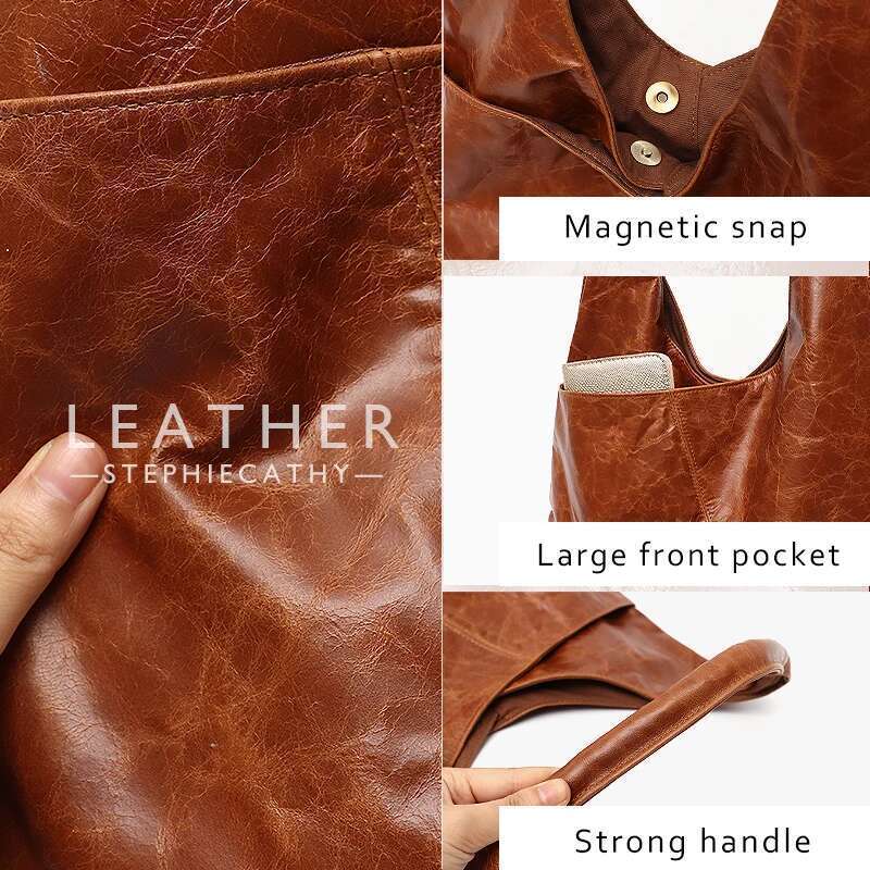 SC Single Handle Over Shoulder Hobo Bag Women Retro Leather Soft Multi Pockets Large Capacity Handbag Vintage Style Snap Button