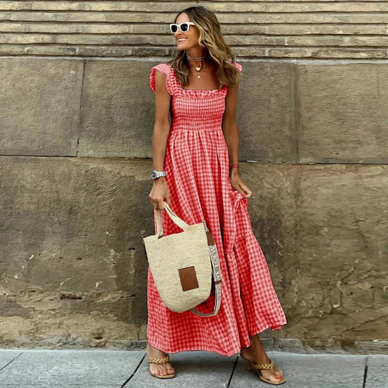 y Ruffle Fly Sleeve Long Dress Square Neck Large Swing Plaid Party Evening Casual Retro Beach Holiday Womens Clothes 250520