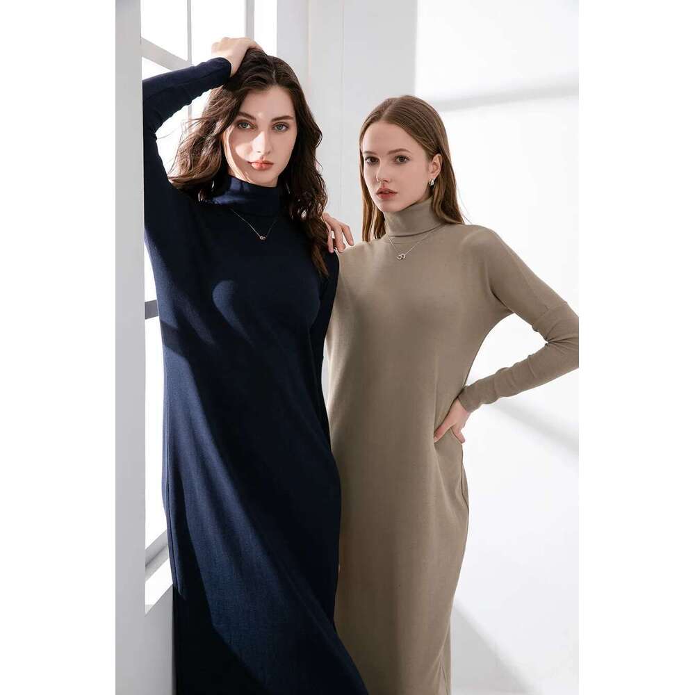 AS 2024 Winter Turteneck Thicken Ribbing Soft And Comfortable Basic Turn-Down Collar Maxi Dress ( Ship Out In 1 Day) Designer