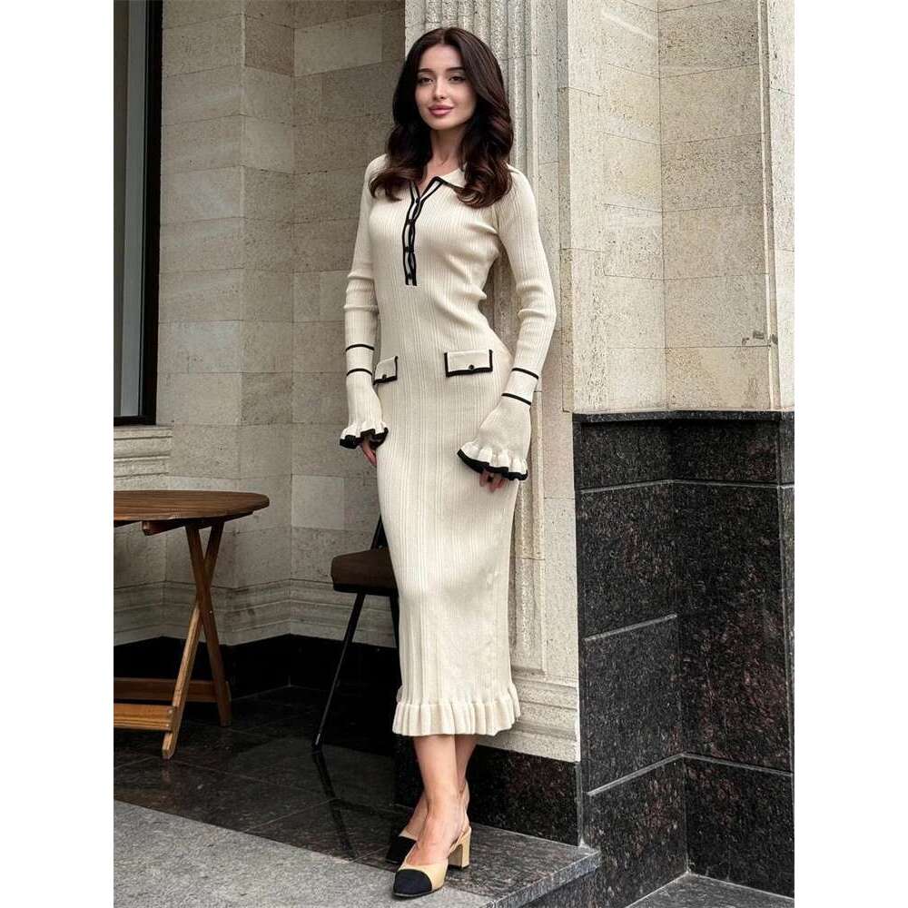 Tossy Ruffled Fashion Knit Women Autumn Ribbed Contrast Long Sleeve High Waist Lapel Gown Knitwear Ladies Maxi Dress Designer Designer