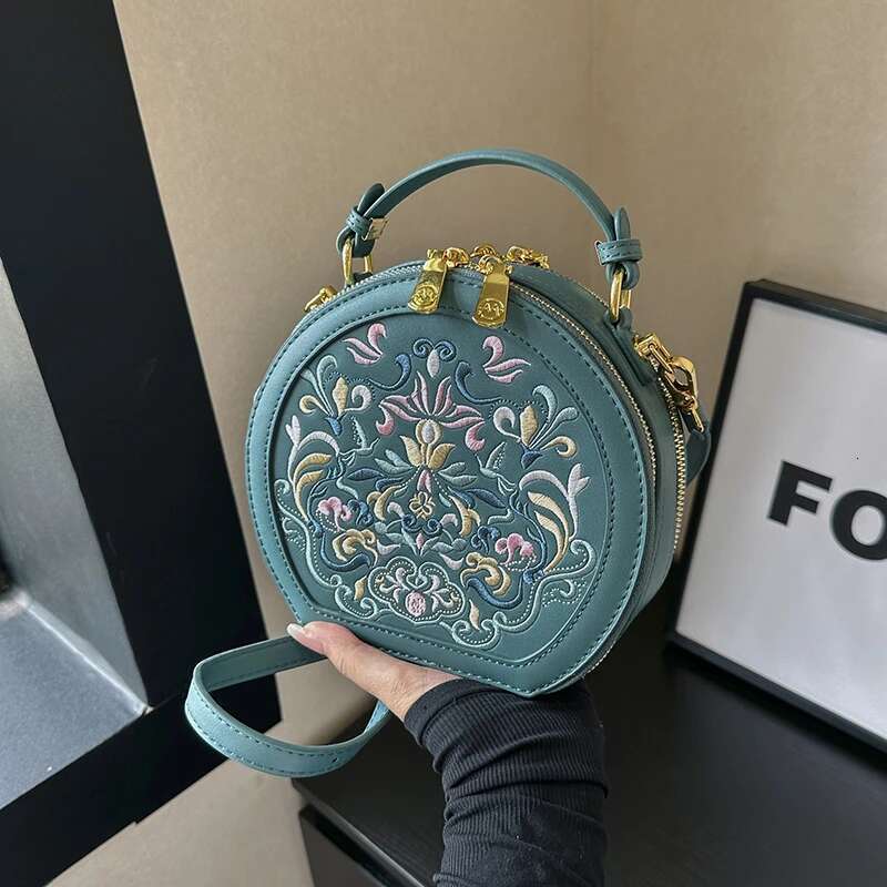 2025 National Embroidered PU Leather Small Handbag Round Shape Women Shoulder Bag Fashion Designer Purses Cross Body Bags