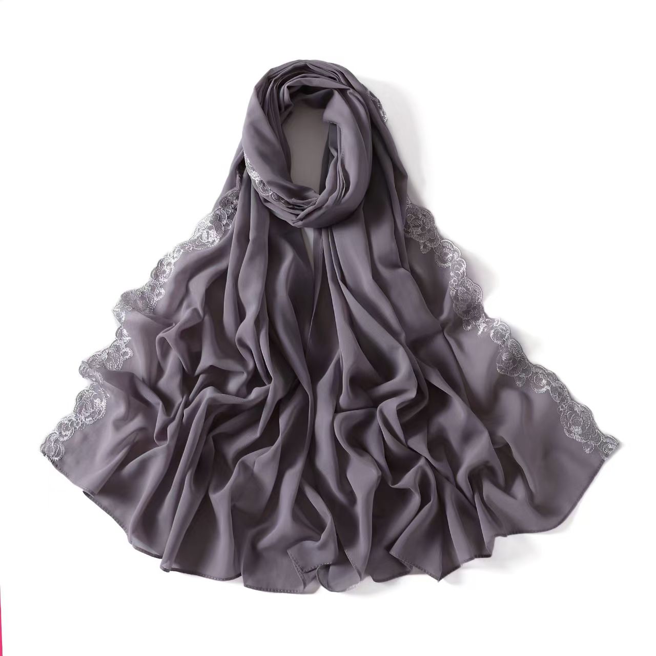 T757 lace trim solid color pearl chiffon long scarf Indonesian monochrome headscarf hijab scarf female