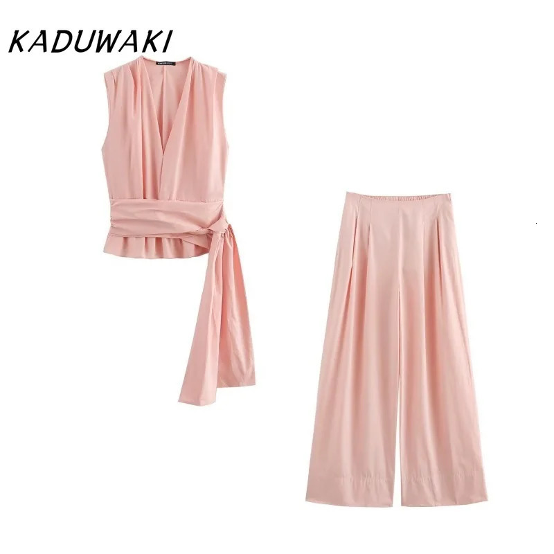 KADUWAKI Classic V-neck Sleeveless Lace Up Tops European/American Style Fashion Loose Mid Waist Wide Leg Pants Ins 2-piece Sets 250516