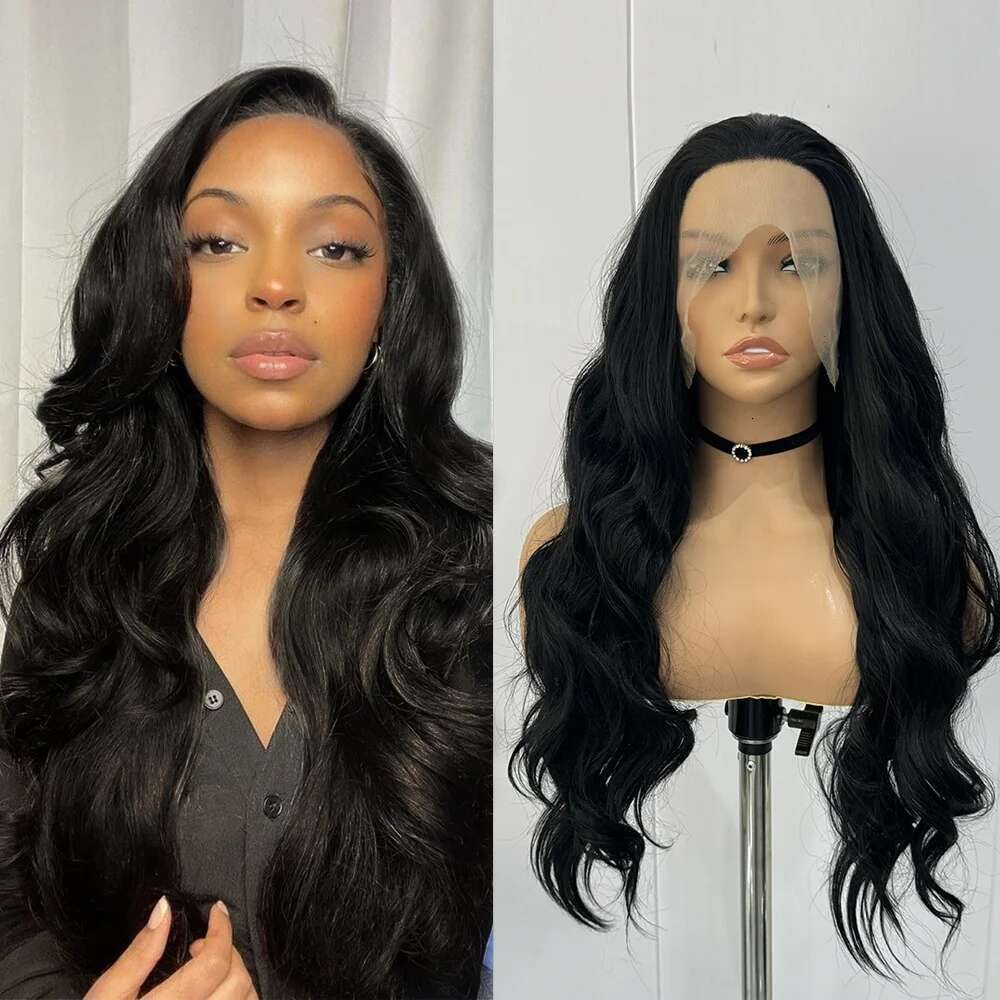 Black Synthetic Wigs For Women Long Hair Body Wavy Heat Resistant Fiber Front Lace Glueless Wig Daily Use Cosplay