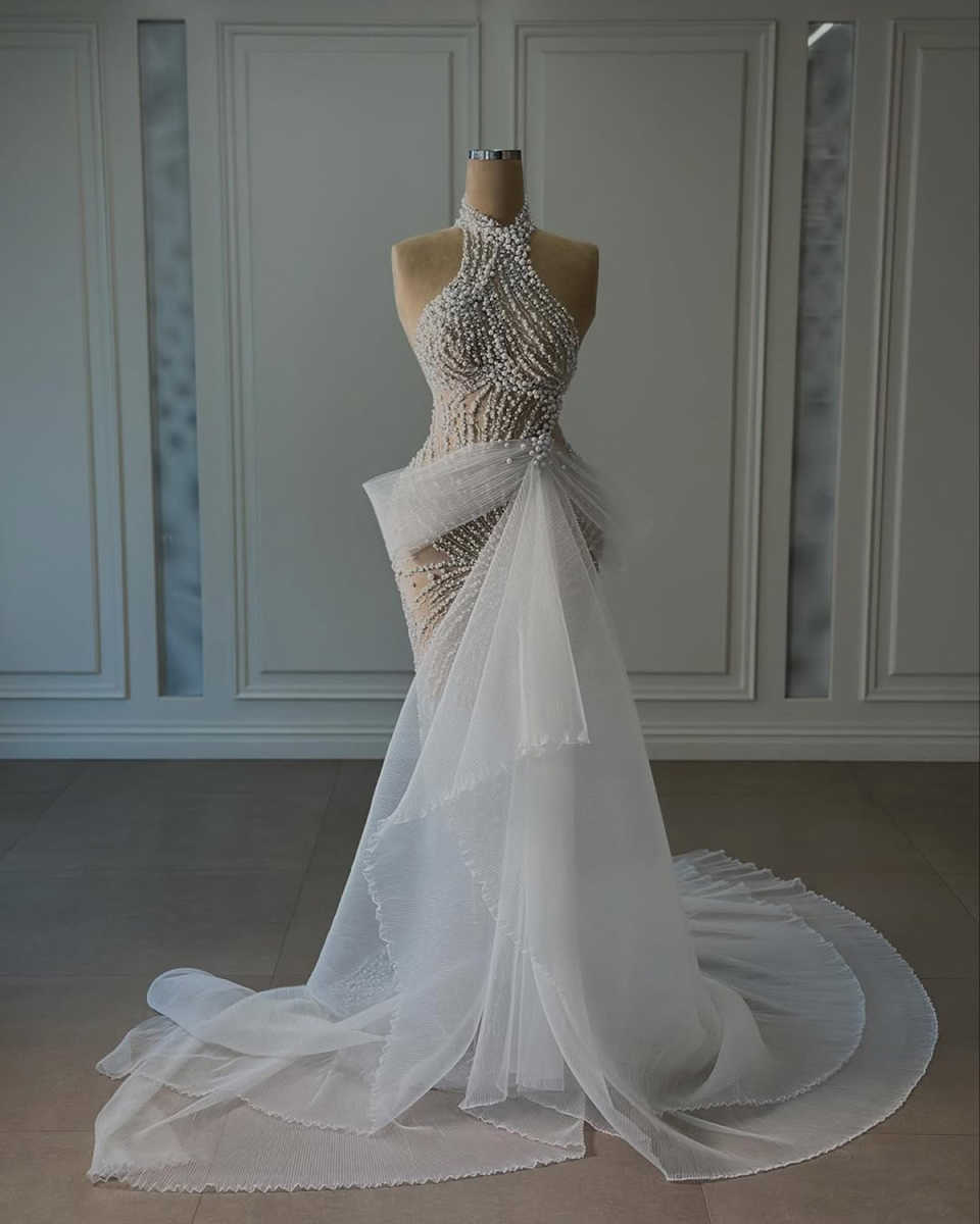 Sexy Mermaid Wedding Dress Halter Sleeveless See Through Bridal Gowns Pearls Sequins Sweep Train Dresses Custom Made vestidos de novia