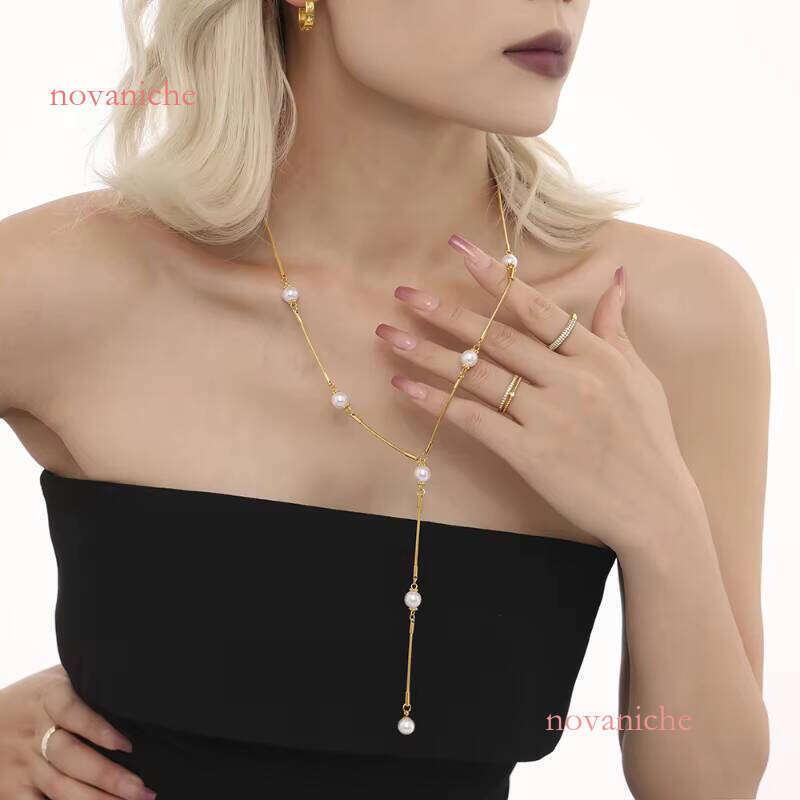 G4058 stainless steel collarbone sweater chain pearl pendant Y tassel women's necklace