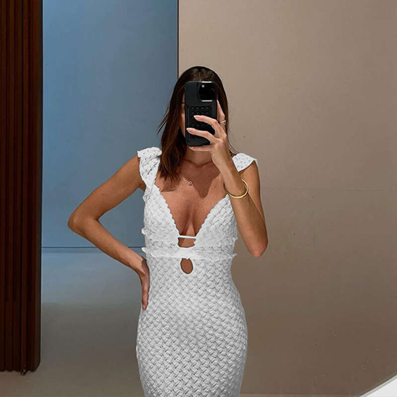 Halter Dress Women S Sexy V Neck Knitted Pure Desire Vacation Beach Slimming Backless French Style Dress Maxi Dress