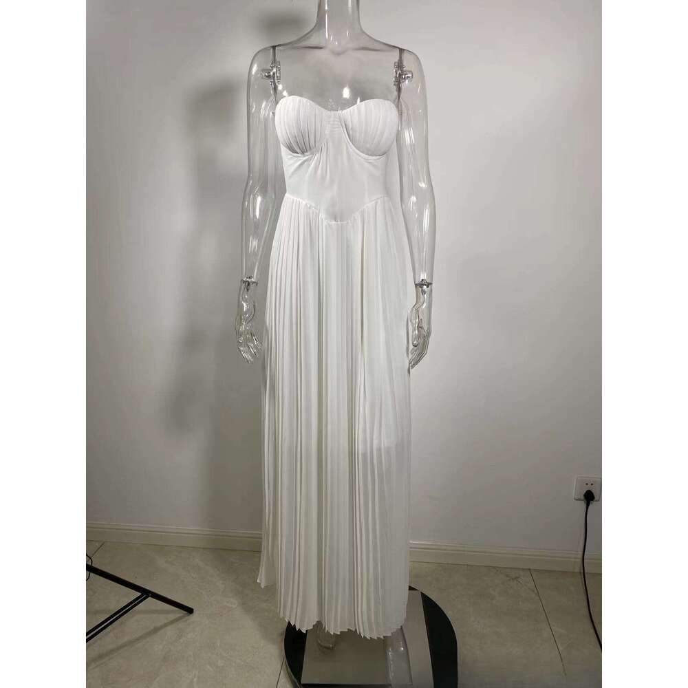 2025 Summer New Product: Sky Blue strapless slimming pleated tight fitting dress. Wholesale of Dress temperament, versatile new trendy clothing. Ins