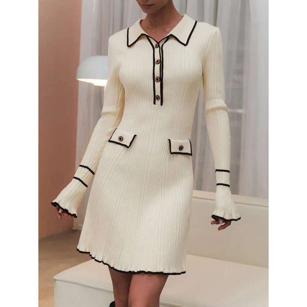 Tossy Ruffled Fashion Knit Women Autumn Ribbed Contrast Long Sleeve High Waist Lapel Gown Knitwear Ladies Maxi Dress Designer Designer