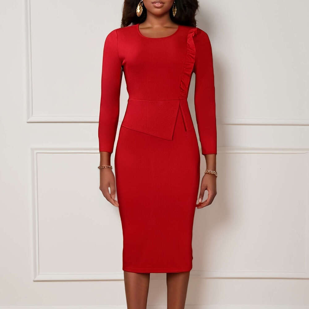 Women's Wear Large Women's Wear Spring Wood Ear Solid Round Neck Wrap Hip Office OL Commuter Dress