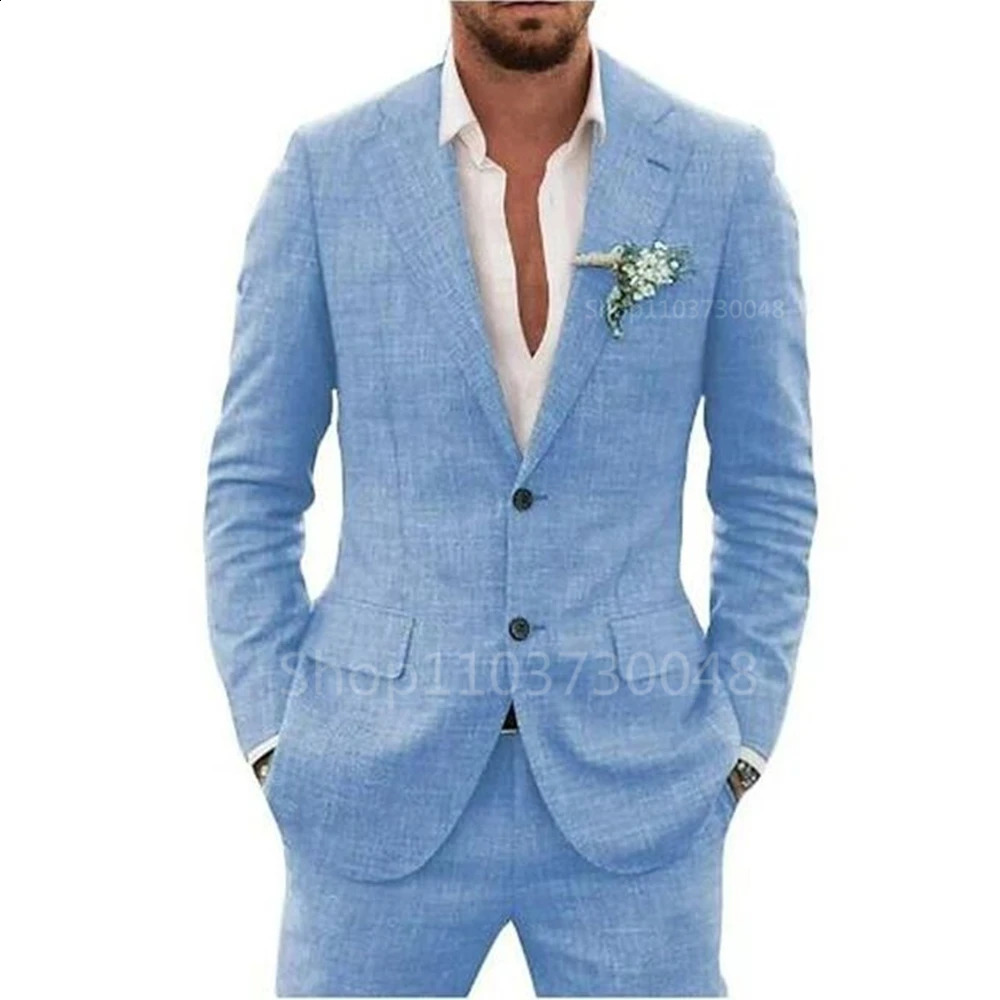 Casual 2 Piece BeigeBlue Linen Men Suits Notch Lapel Slim Fit Groom Tuxedos Blazer Pants Sets Wedding Prom Party Costume Homme 250519