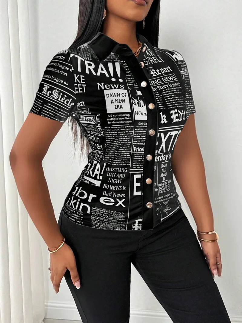 Women Summer Fashion spaper Print SingleBreasted VNeck Shirt 250514