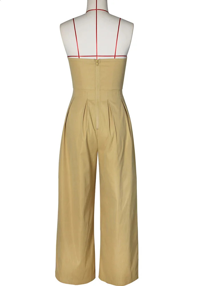 Beyprern Chic Button Details Palazzo Jumpsuit One Piece Outfits Womens Ruched Strapless Wide Legs Jumpsuits Romper Clubwear 250519