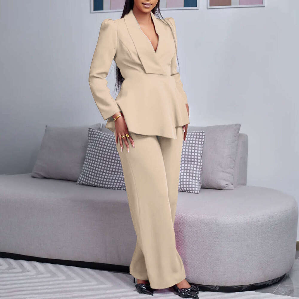 Women's Wear D3315 Women's New Fashion Style Elegant OL Lotus Leaf Edge Sleeve Top Wide Leg Pants Set