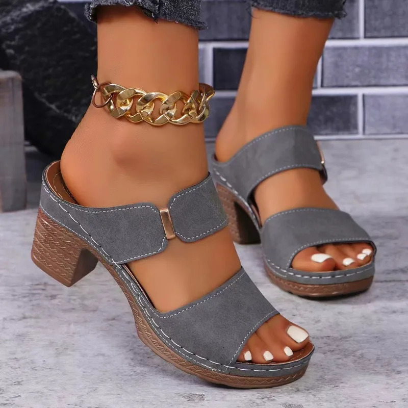 Summer Womens Fashion Casual Slippers Solid Color Square Root Anti-Slip Sandals with Heels and Open Toes Summer Slippers 250519