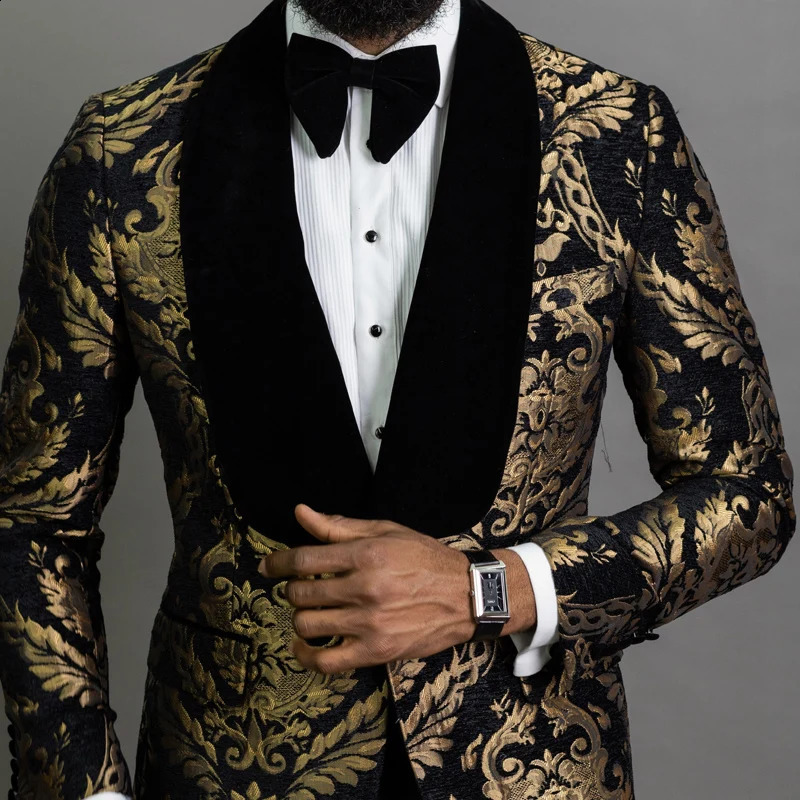 Floral Jacquard Blazer for Men Prom African Fashion Slim Fit with Velvet Shawl Lapel Male Suit Jacket for Wedding Groom Tuxedo 250519