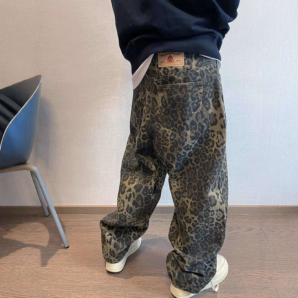 American style design, niche workwear, leopard print, loose casual, versatile denim pants, men's INS