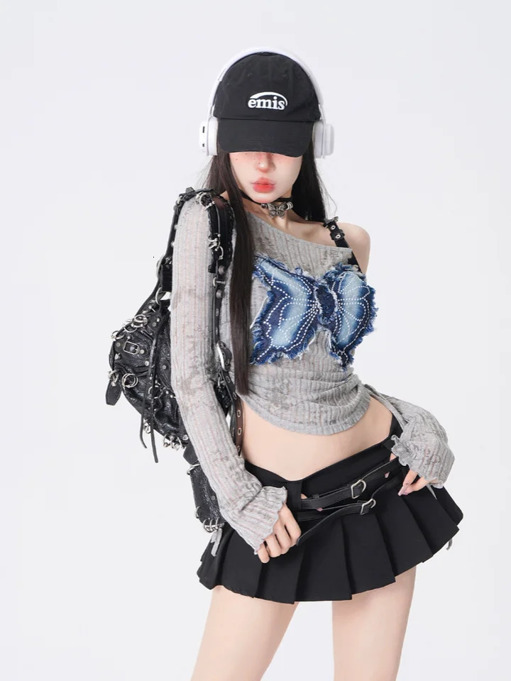 Retro Patchwork Denim Bow Womens Top Short Slim Off Shoulder Drawstring Long Sleeved T-shirt Y2K Style Girl Clothing 250517