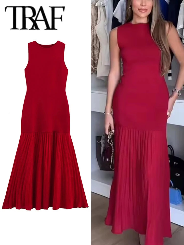 TRAF Spring Summer Womens Dress Pleated Patchwork Simple Temperament Knitted Sleeveless Long Dresses for Women 250520