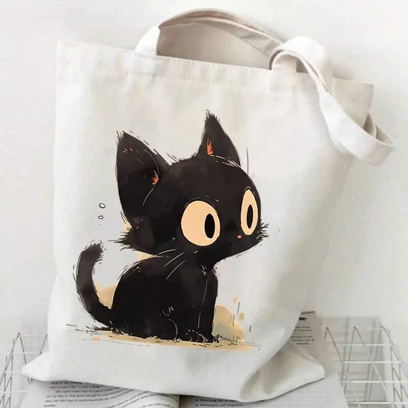 Canvas Tote Anime Black Cat Print Shopping Women Graphic Casual Fashion Teen Handbag Cartoon Kitten Side Bag for Ladies