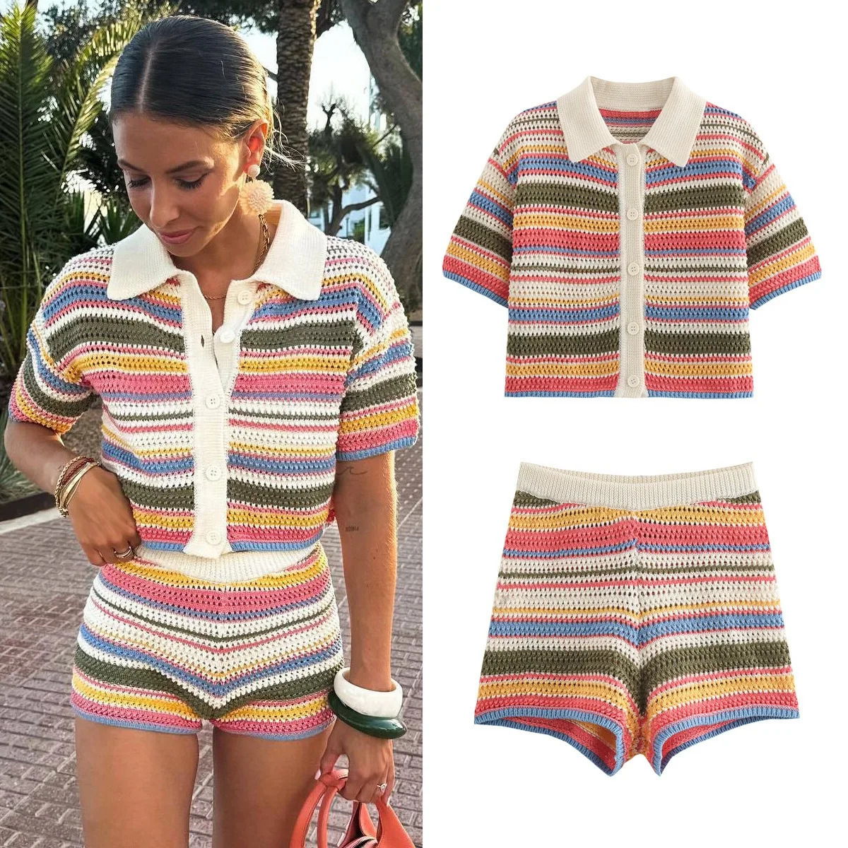 2 Pieces Chic Striped Knitted Hollow Out Shorts Suit Fashion Women Button Down Lapel Loose Shirt Set Casual Lady Vacation Outfit 250516
