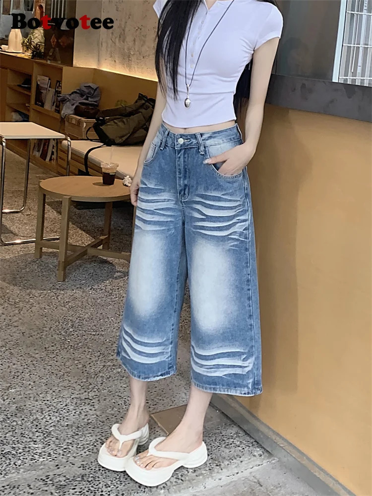 Botvotee Scratched Washed Calf Length Jean High Waisted Baggy Denim Pants Summer Y2k Fashion Causal Loose Oversized Jeans 250513