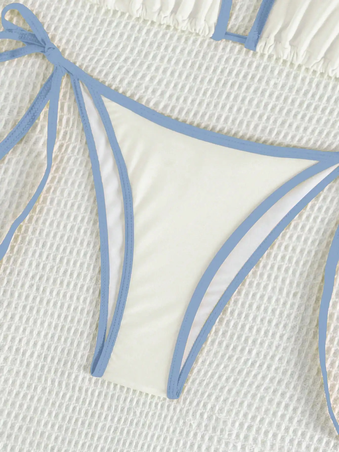 Summer white and blue color-block bow-tie pure bikini set suitable for womens beach vacation 250516