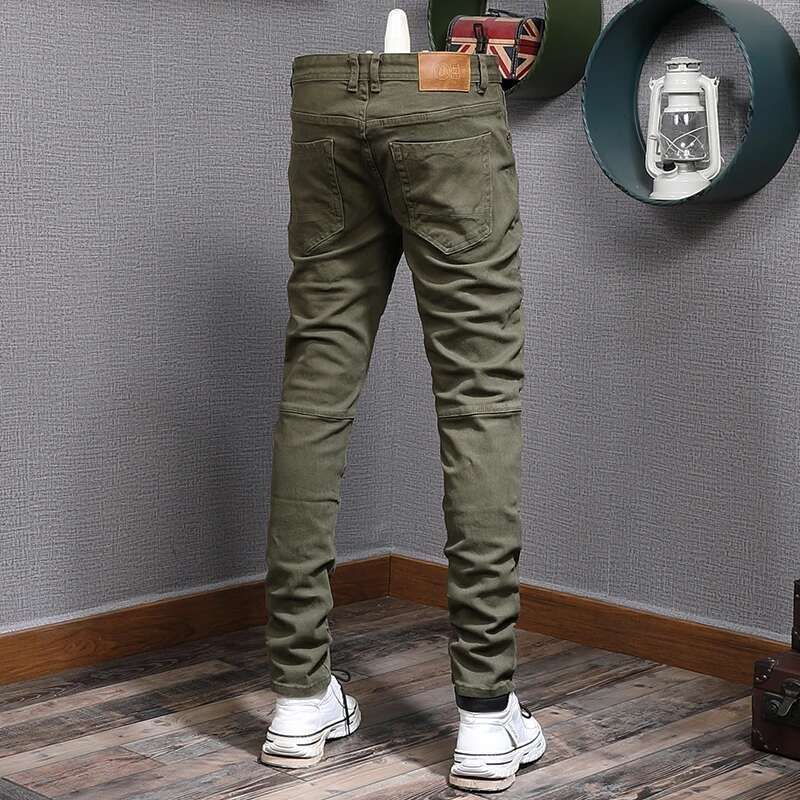 Streetwear Fashion Army Green Elastic Slim Fit Spliced Designer Biker Jeans Men Stretch Hip Hop Denim Pencil Pants