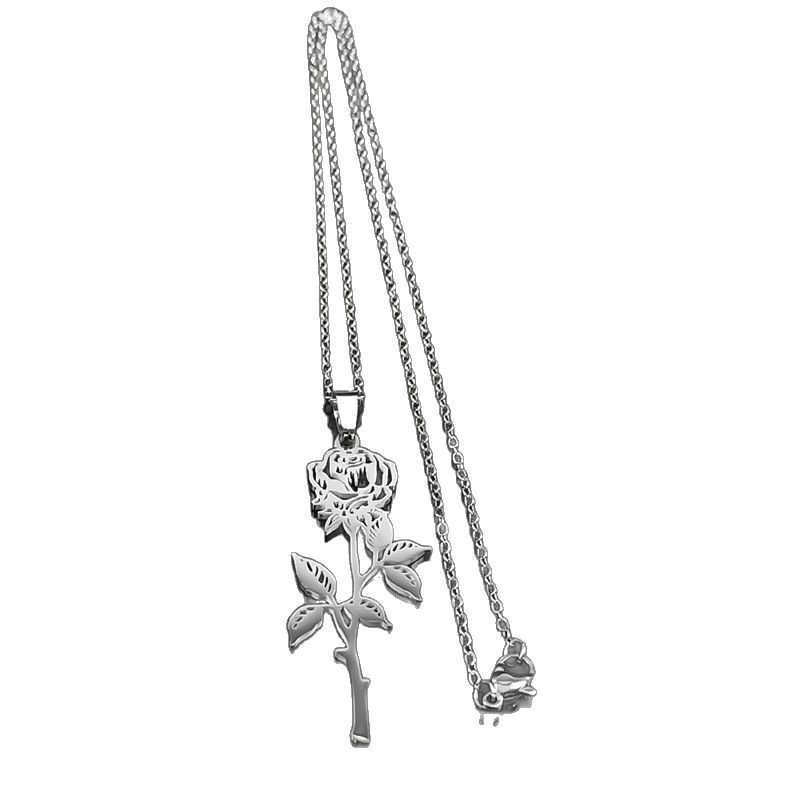 Hiphop Rose Pendant Necklace Mens Stainless Steel Silver Black Charm Chain Jewelry Gift W250325