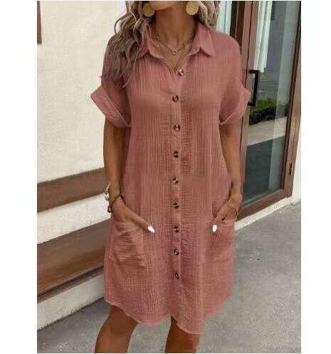 Dresses for Woman Summer Dress Devise 2025 New Clothing Womens Hot Products Solid Color Cotton Hemp Buckle Medium to Long Short Sleeves