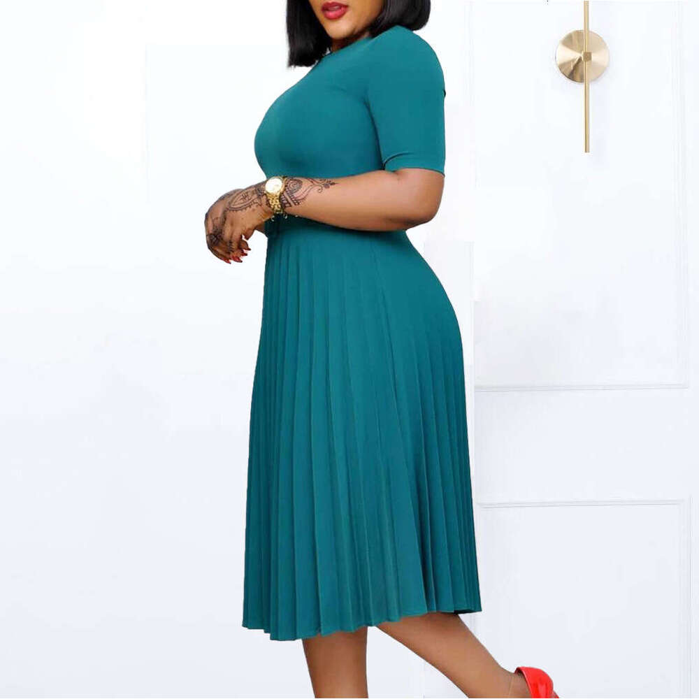 Women's Wear D3292 New Round Neck Mid Length Pleated Skirt Plus Size Dress