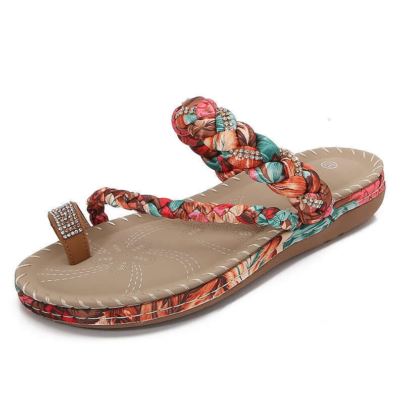 2025 New Fashion Wood NEW TOP Bead Water Diamond Bohemian Slope Heel Comfortable Large Sandals for Women